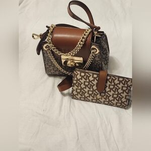 2pc DKNY Lilian Chain Flap Crossbody bag with monogram print & Leather Trim